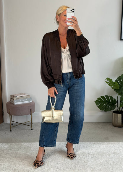 Chocolate Satin Drawstring Bomber Jacket
