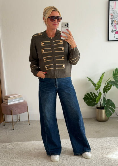 Khaki Military Zip Front Knitted Cardi