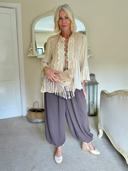 Denim Blue Viscose Balloon Leg Trousers - PRE ORDER