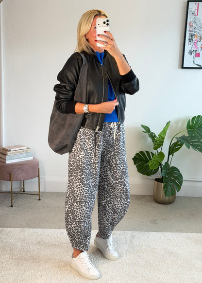 Grey Leopard Barrel Joggers