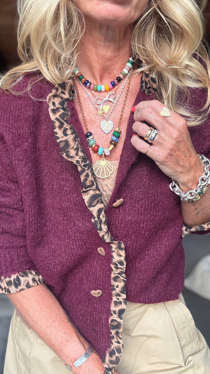 NEW Bordeaux Leopard Trim Crew Neck Cardigan - PRE ORDER