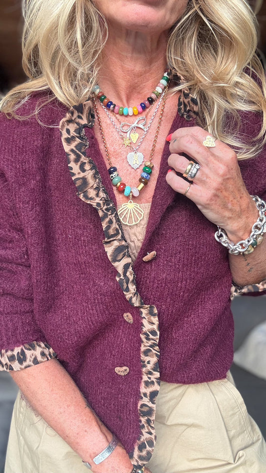 NEW Bordeaux Leopard Trim Crew Neck Cardigan - PRE ORDER