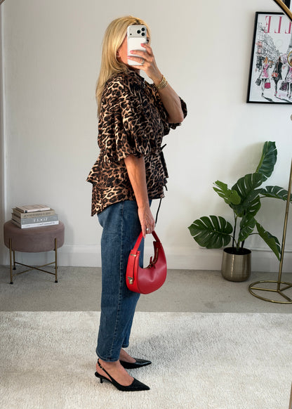 Leopard Balloon Sleeve Peplum Jacket