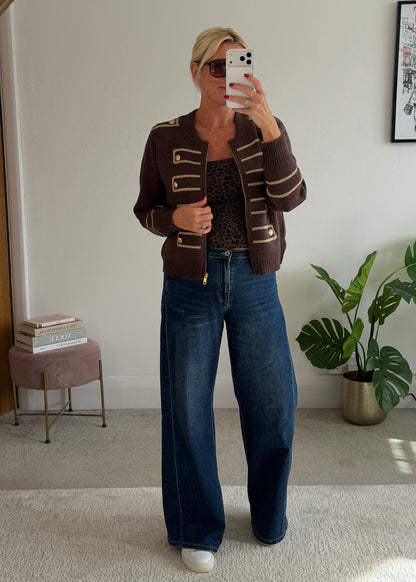 Chocolate Military Zip Front Knitted Cardi
