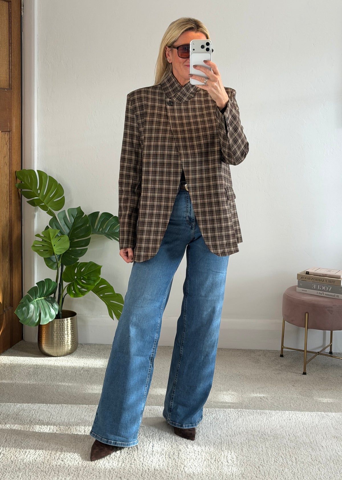 Taupe/Choc Check Asymmetric Button Blazer