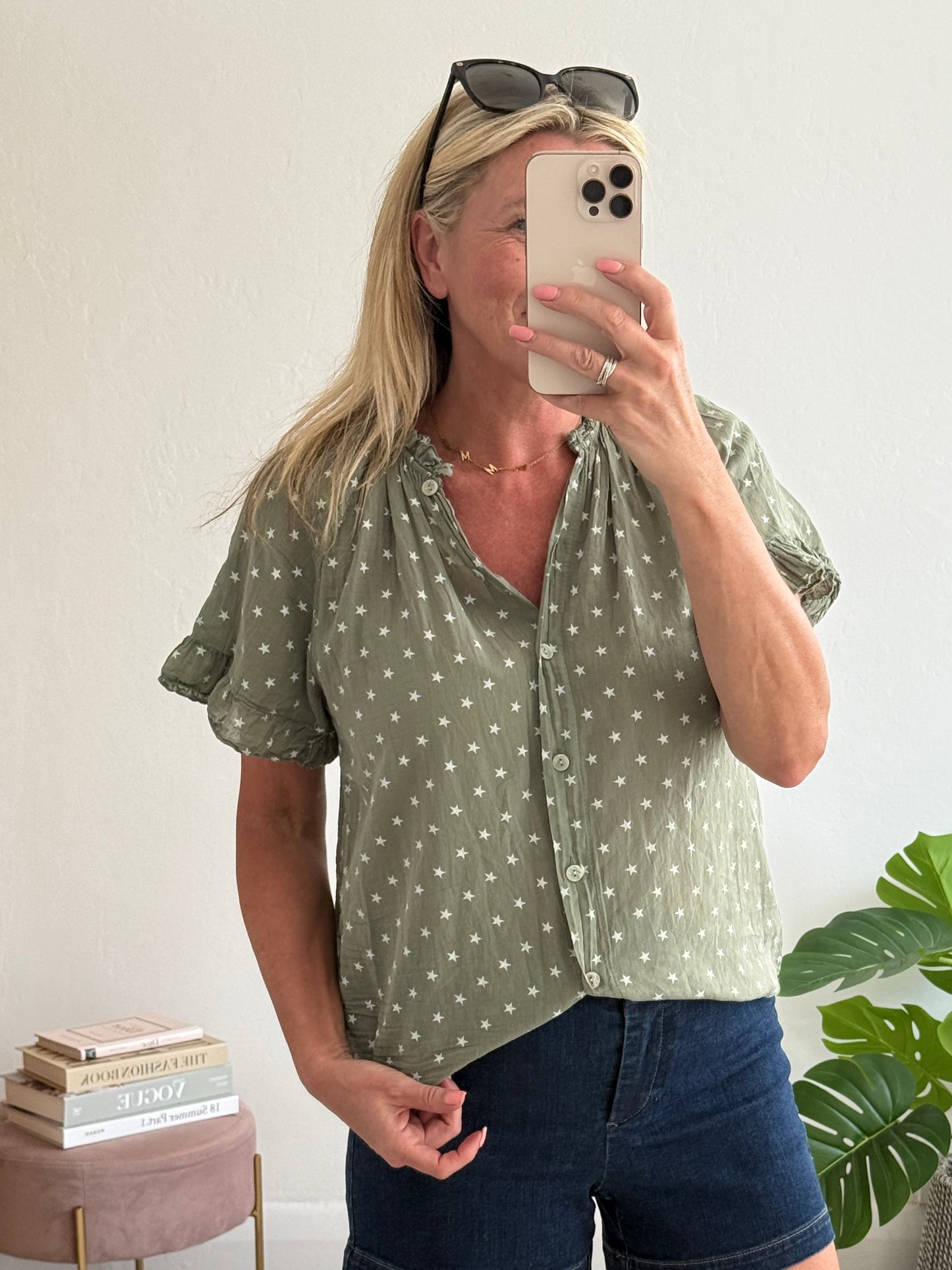 Navy Star Frill Sleeve Blouse