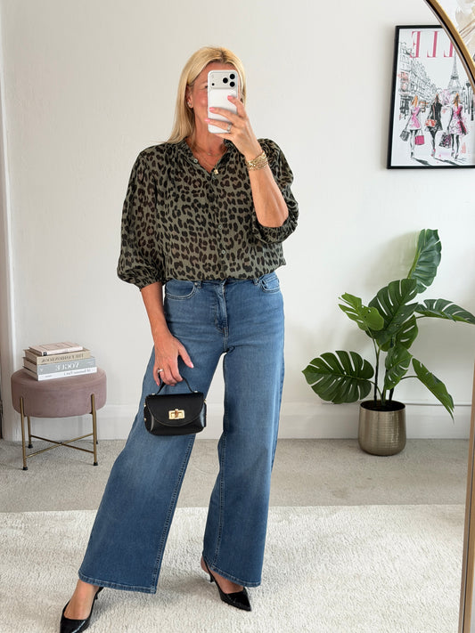 Khaki Leopard 3/4 Puff Sleeve Blouse