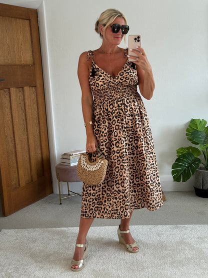 Leopard Tassel Tie Shoulder Midi Dress