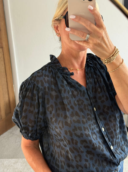 Navy Leopard Puff Sleeve Blouse