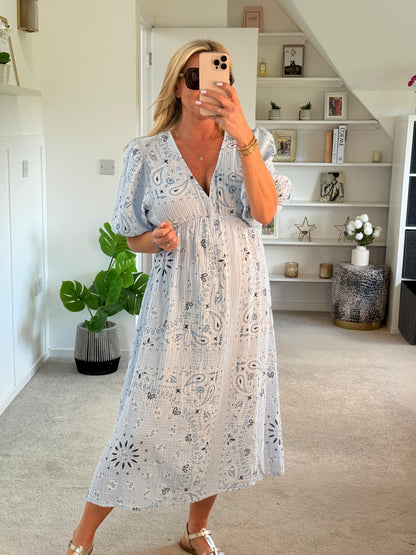 White Paisley Print Cheesecloth Midi Dress
