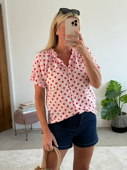Red/Pink Polka Dot Frill Sleeve Blouse