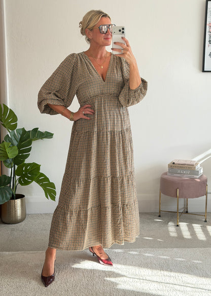 Cream Heritage Check V-Neck Tiered Dress