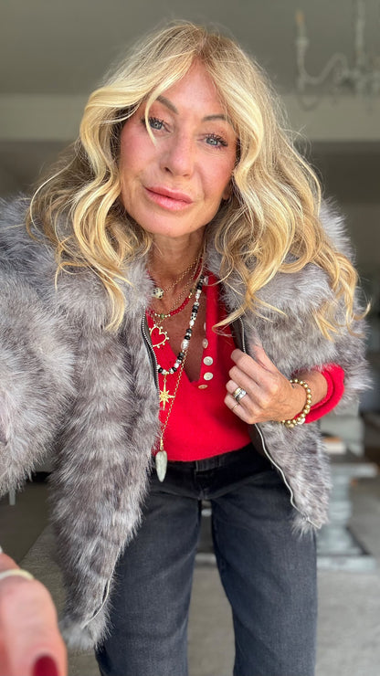 Lila Grey Leopard Faux Fur Jacket