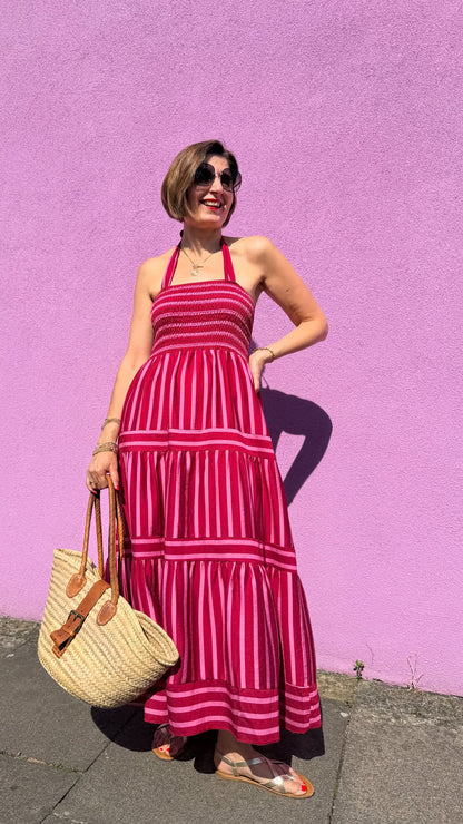 Pink/Red Striped Shirred Maxi Dress