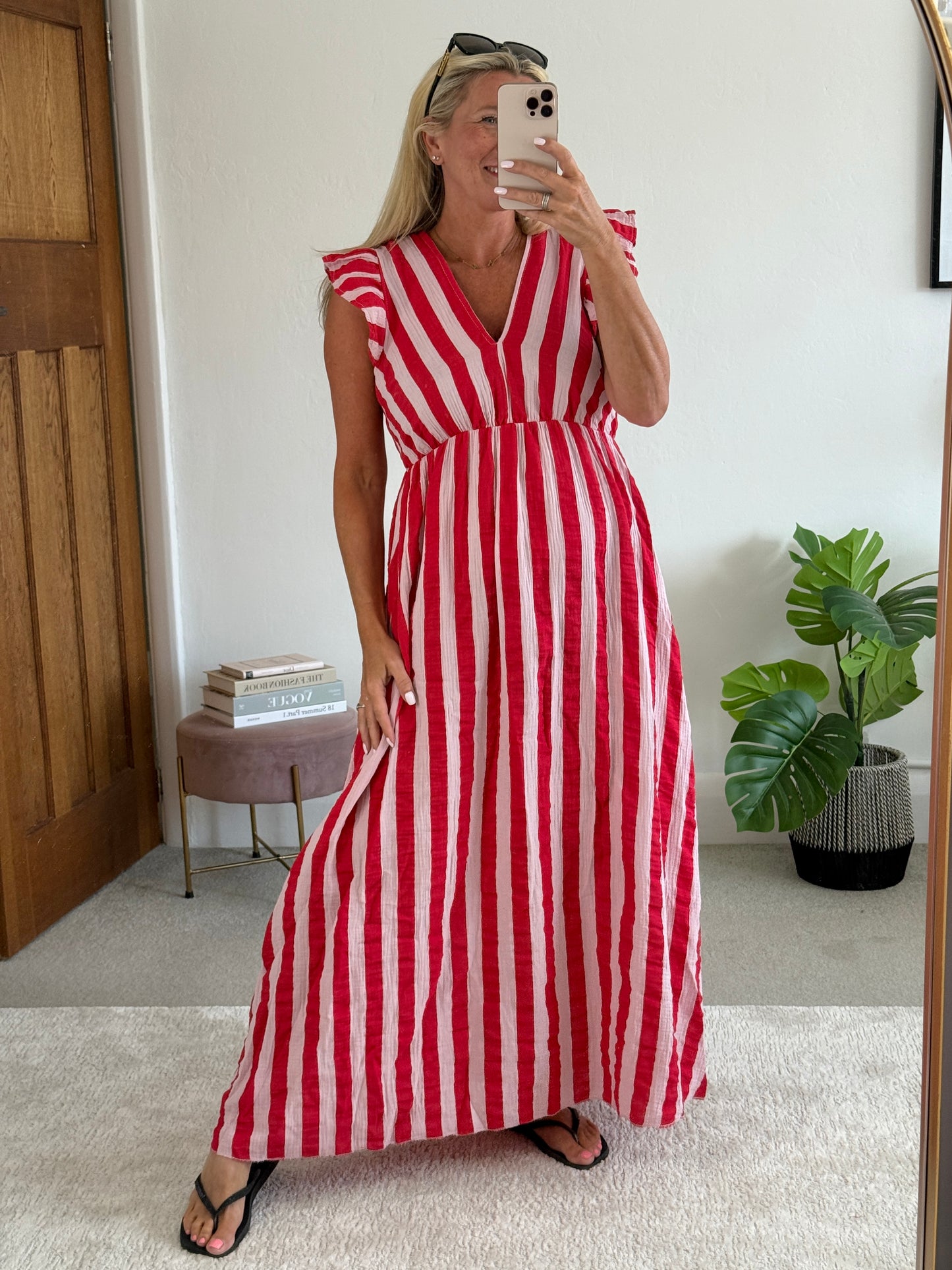 Pink/Red Stripe Cheesecloth Frill Sleeve Maxi Dress