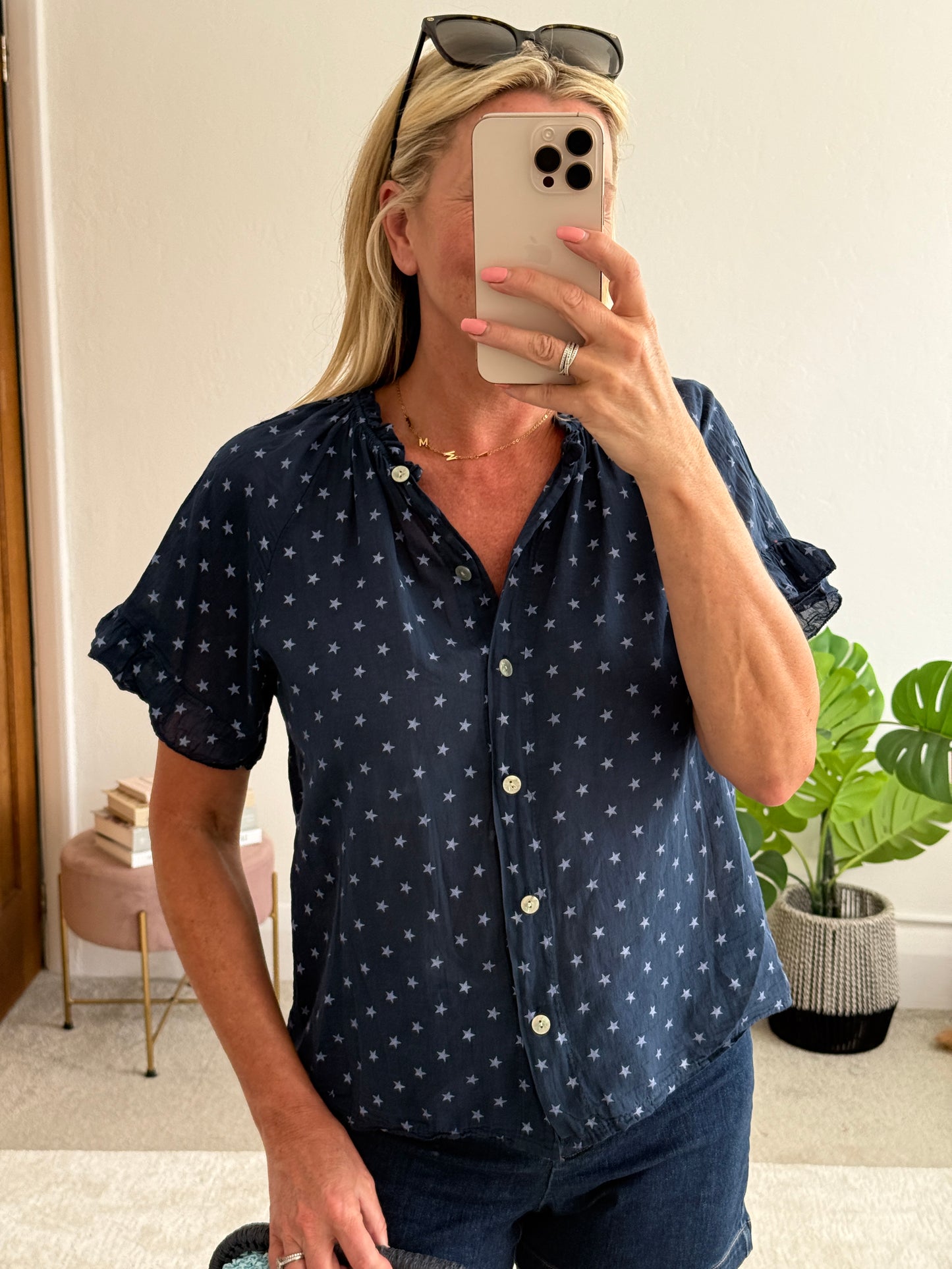 Navy Star Frill Sleeve Blouse