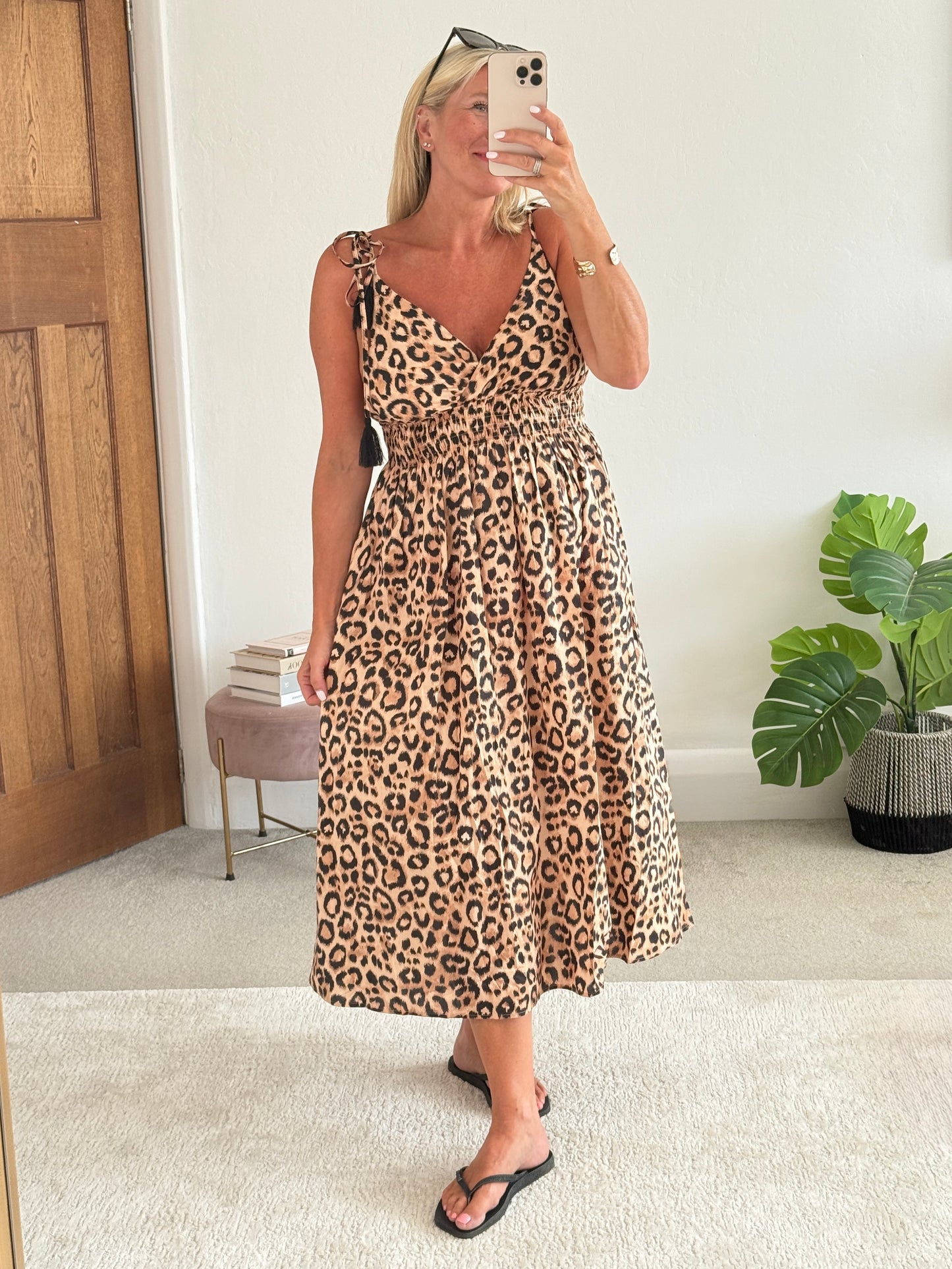 Leopard Tassel Tie Shoulder Midi Dress