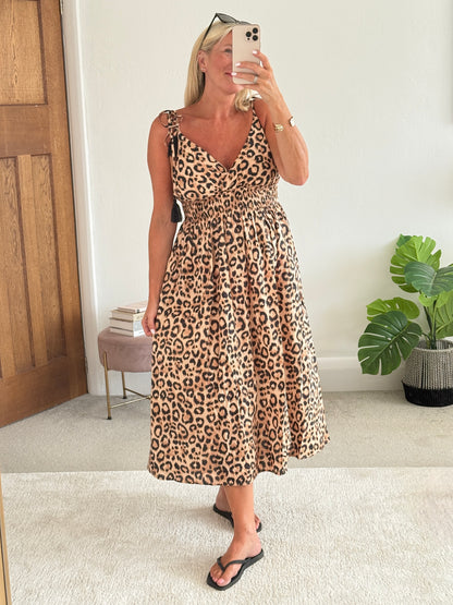 Leopard Tassel Tie Shoulder Midi Dress