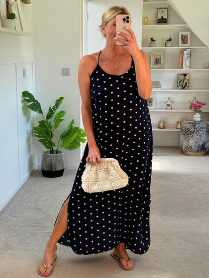 Navy/White Polka Dot Strappy Maxi Dress