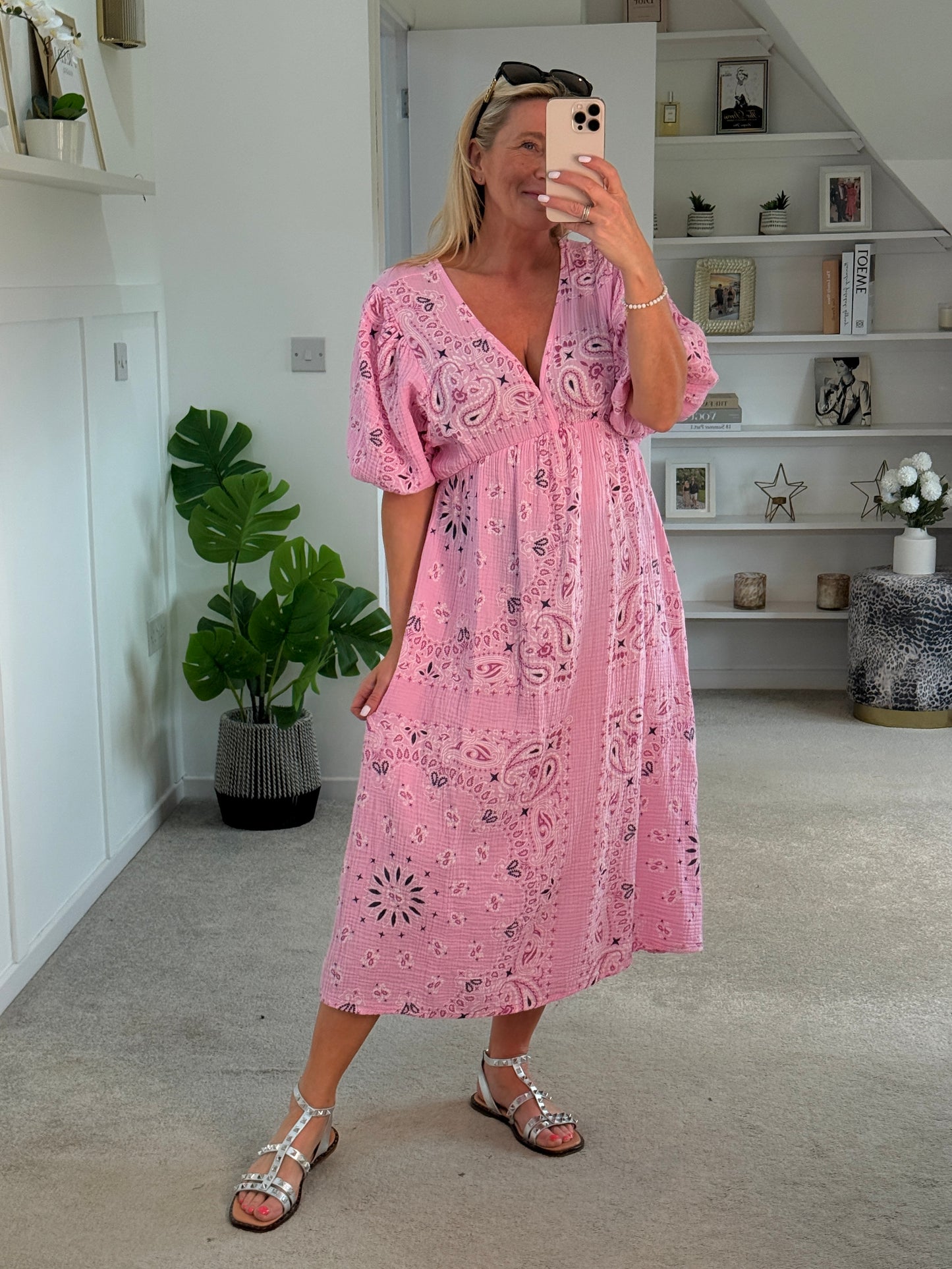 White Paisley Print Cheesecloth Midi Dress