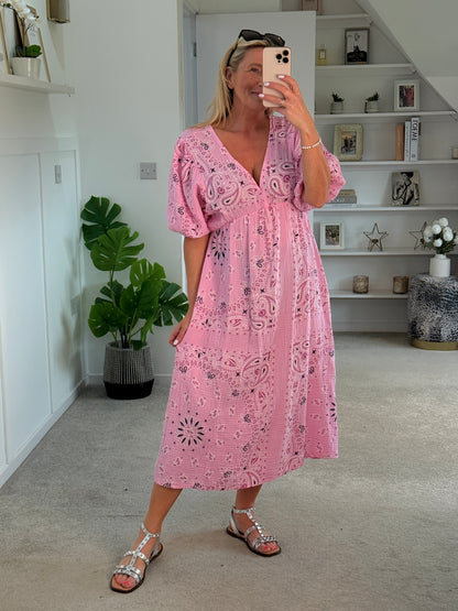 White Paisley Print Cheesecloth Midi Dress
