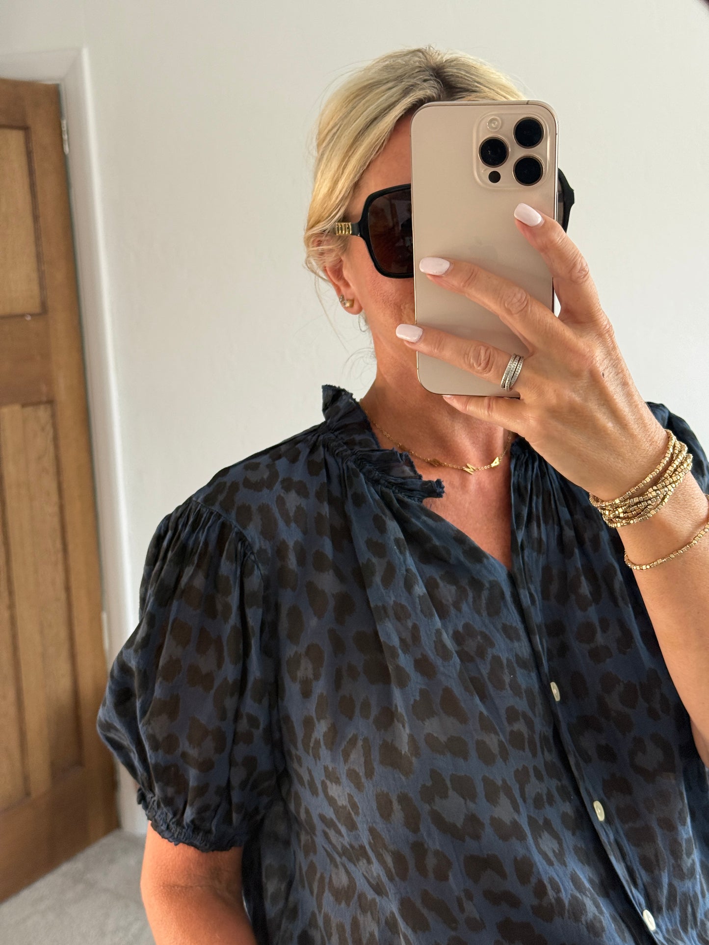 Navy Leopard Puff Sleeve Blouse