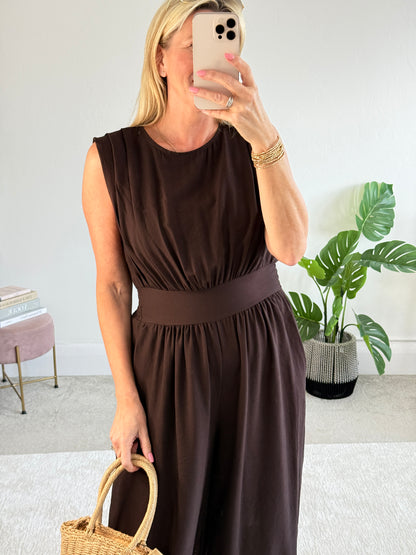 Chocolate Elasticated Sleeveless Harem Jumpsuit