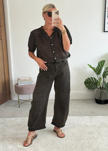 Chocolate Stone Wash Barrel Leg Panel Jeans