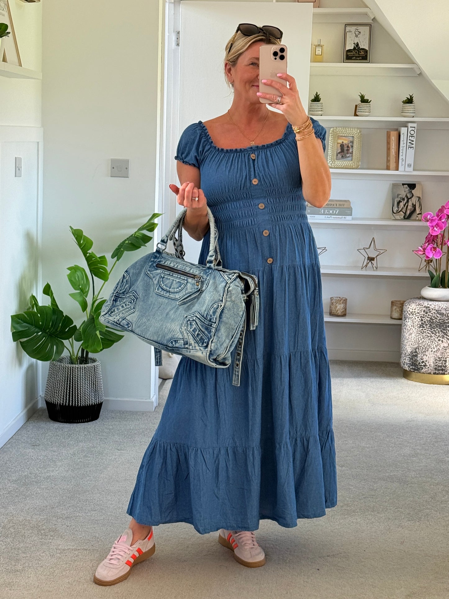 Blue Denim Bardot Tiered Maxi Dress