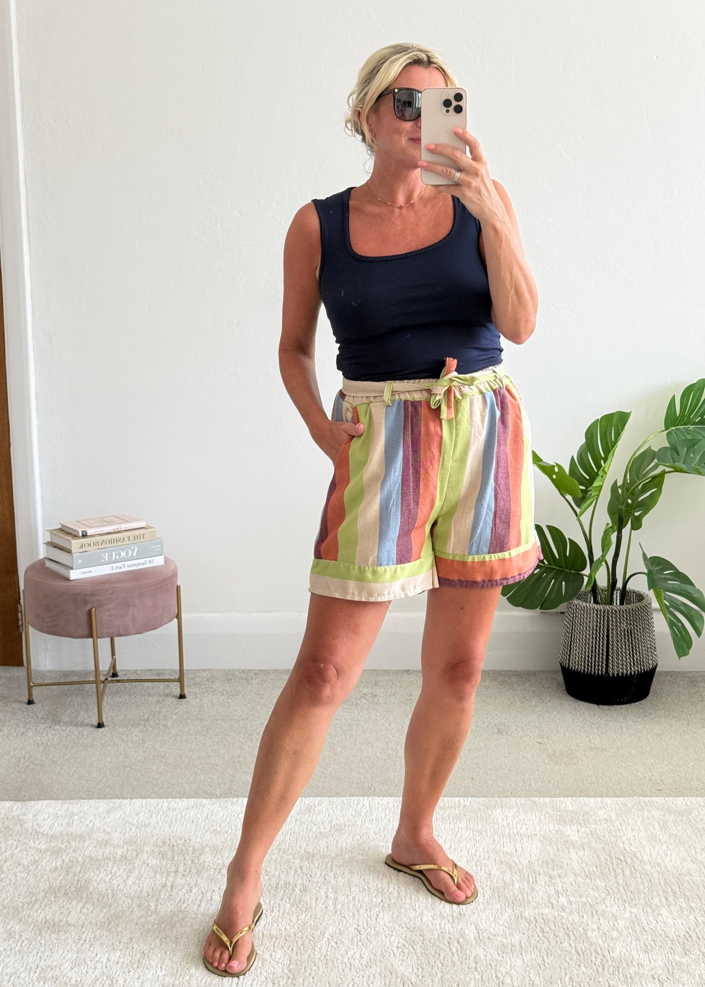 Blue Multi Stripe Tie Waist Shorts