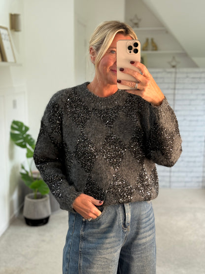 Grey Sequin Argyle Diamond Knit Jumper