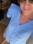 Cornflower Blue Frill Sleeve Linen Top