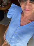 Cornflower Blue Frill Sleeve Linen Top