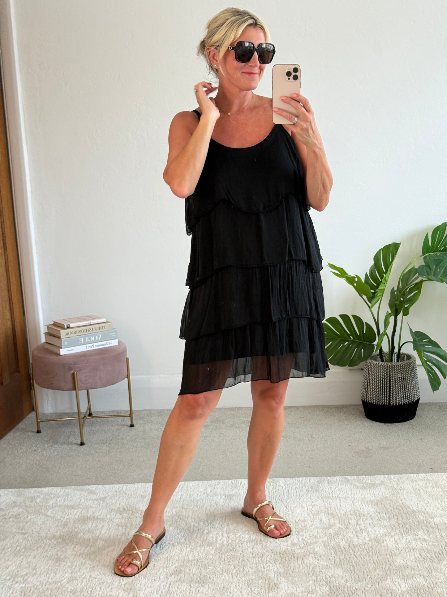 Black Silk Mix Strappy Frill Dress