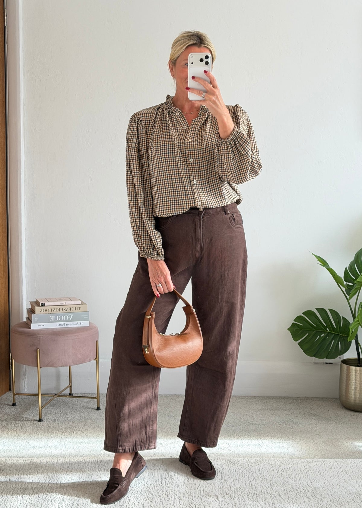 Cream Heritage Check Frill Collar Blouse