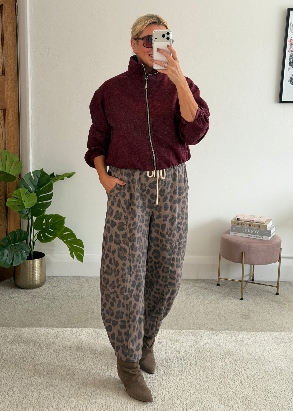 Burgundy Brushed Funnel Neck Zip Jacket