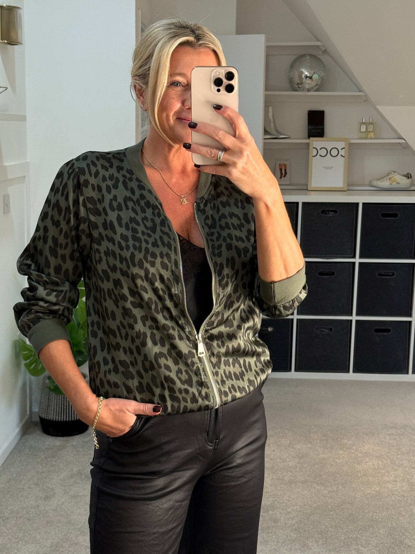 Khaki Leopard Silk Mix Bomber Jacket