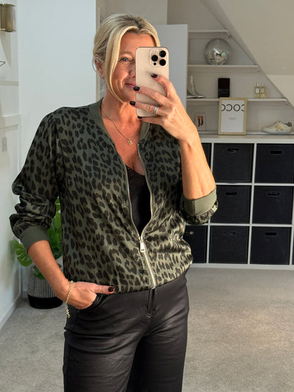 Khaki Leopard Silk Mix Bomber Jacket