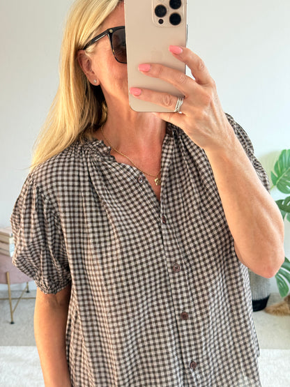 Chocolate Gingham Frill Sleeve Blouse