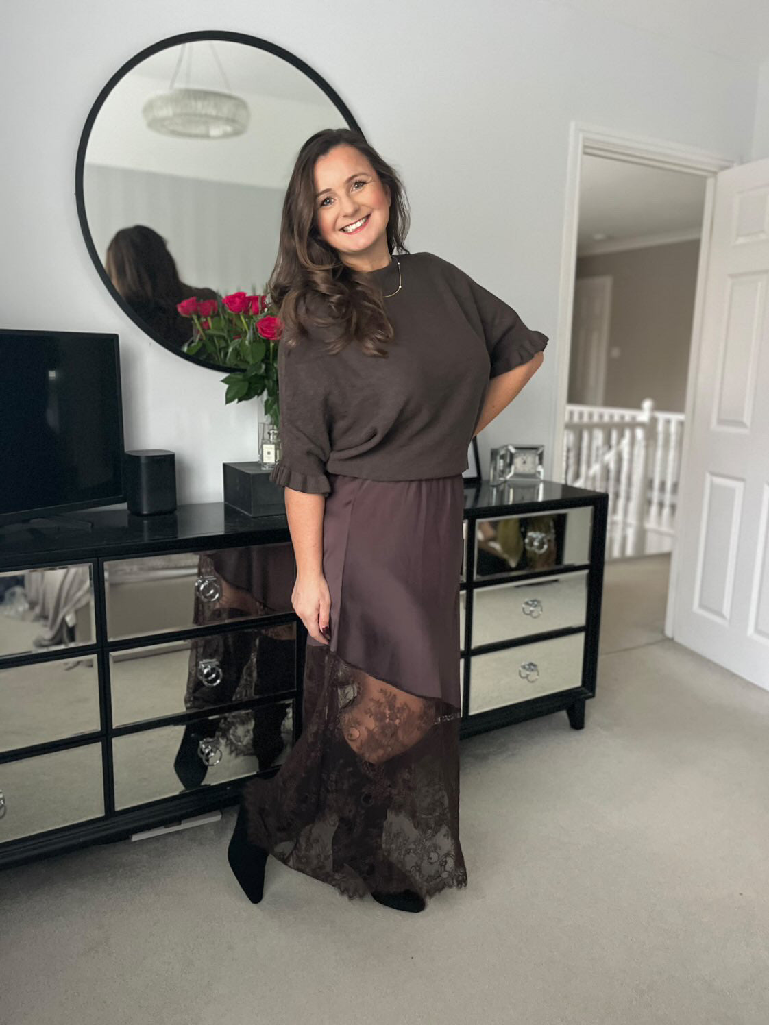 Chocolate Satin Asymmetric Lace Detail Maxi Slip Skirt