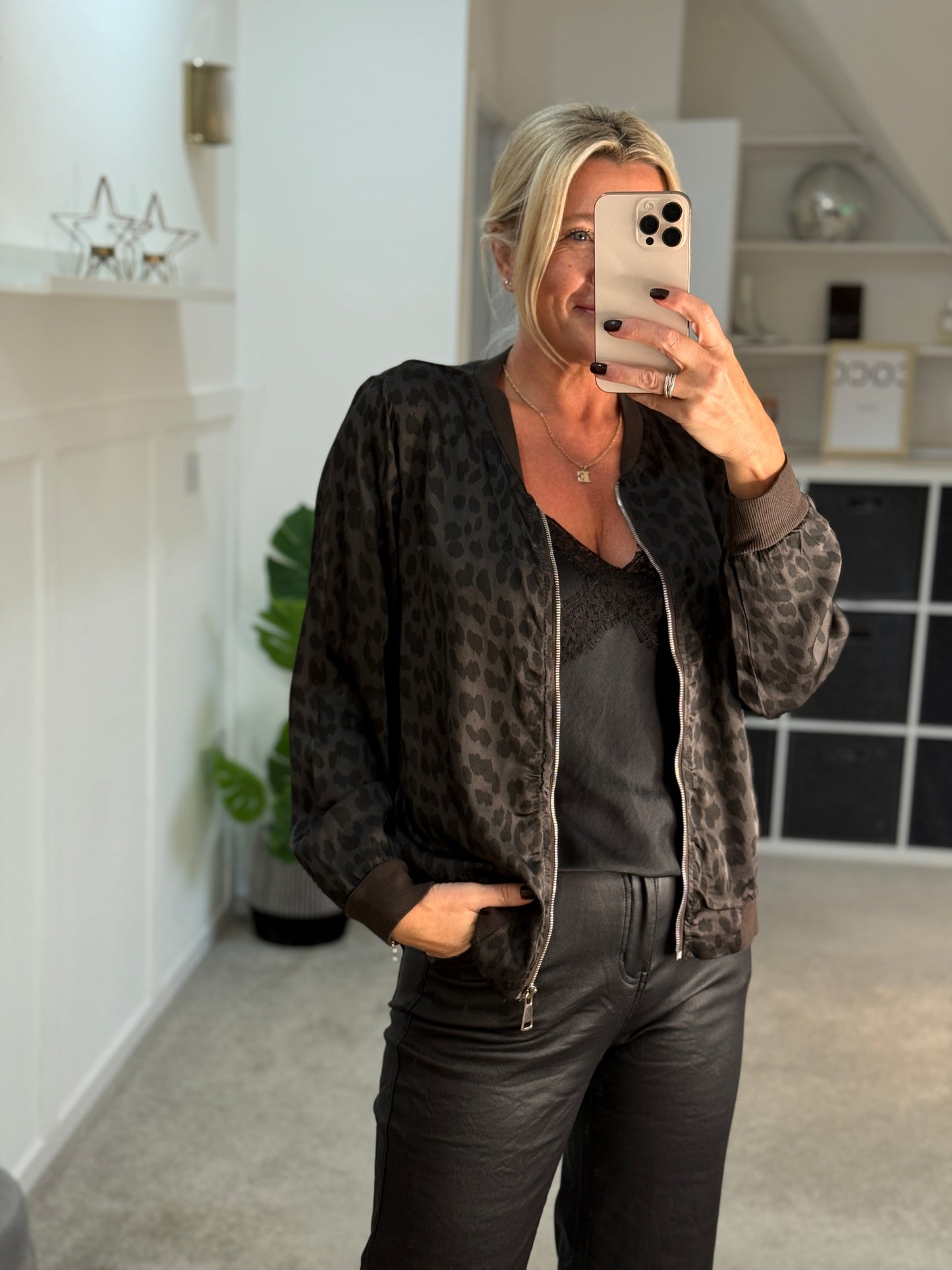 Dark Chocolate Leopard Silk Mix Bomber Jacket