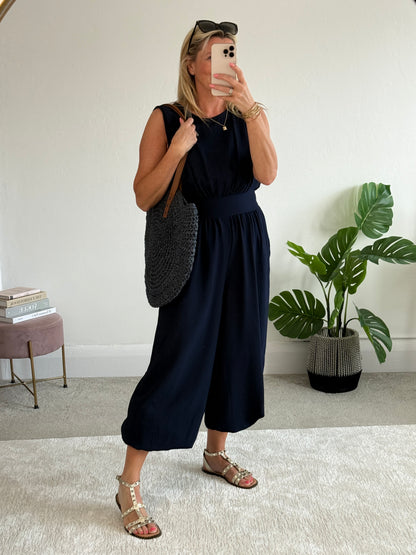Navy Elasticated Sleeveless Harem Jumpsuit