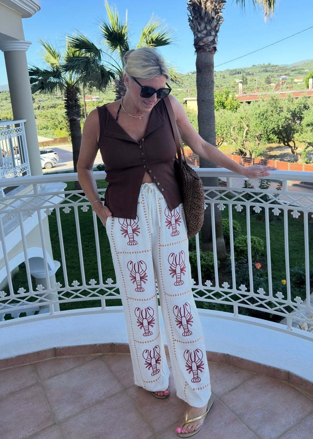 Oatmeal 🦞 Lobster Embroidered Cotton Trousers