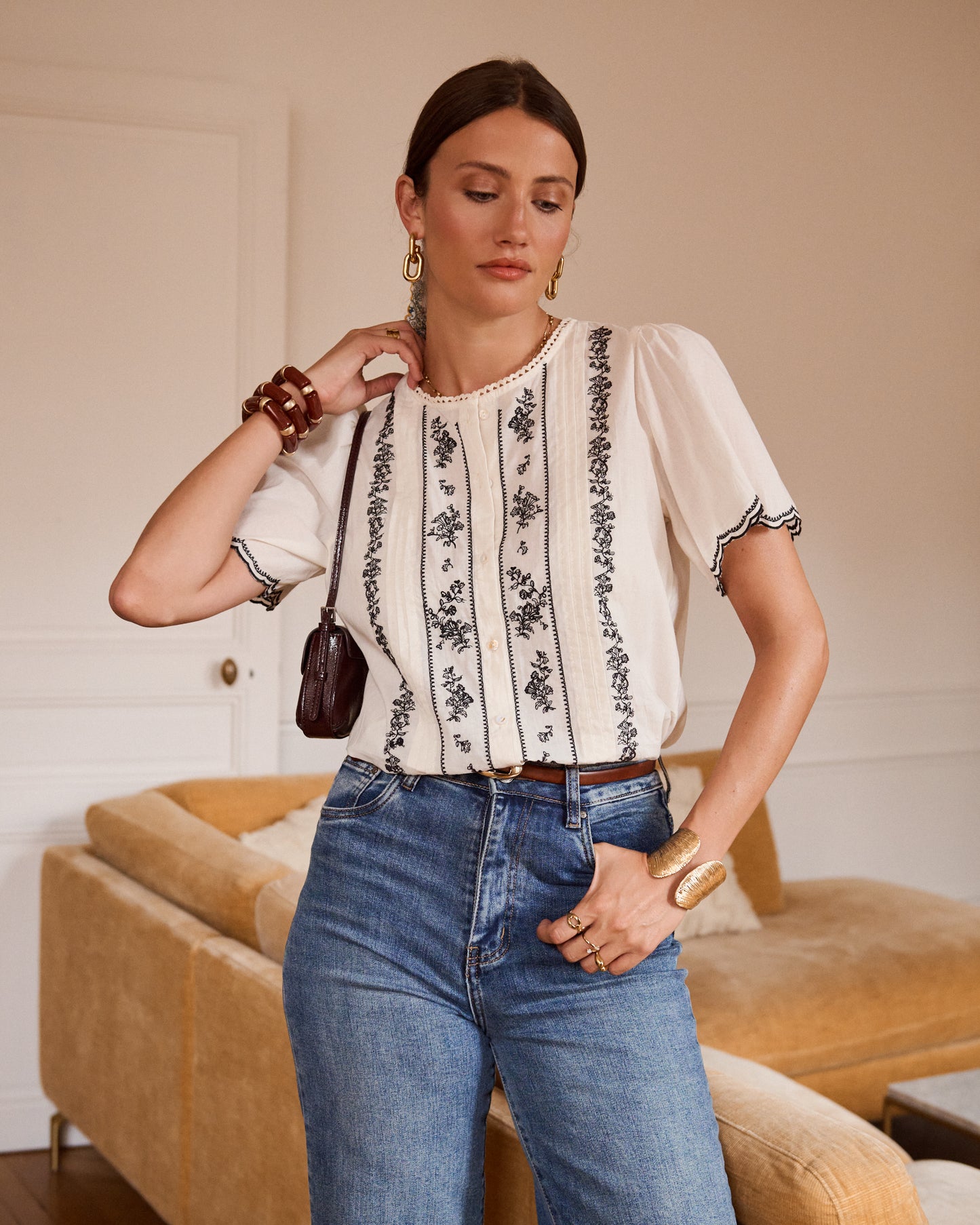 Cream Embroidered Puff Sleeve Blouse