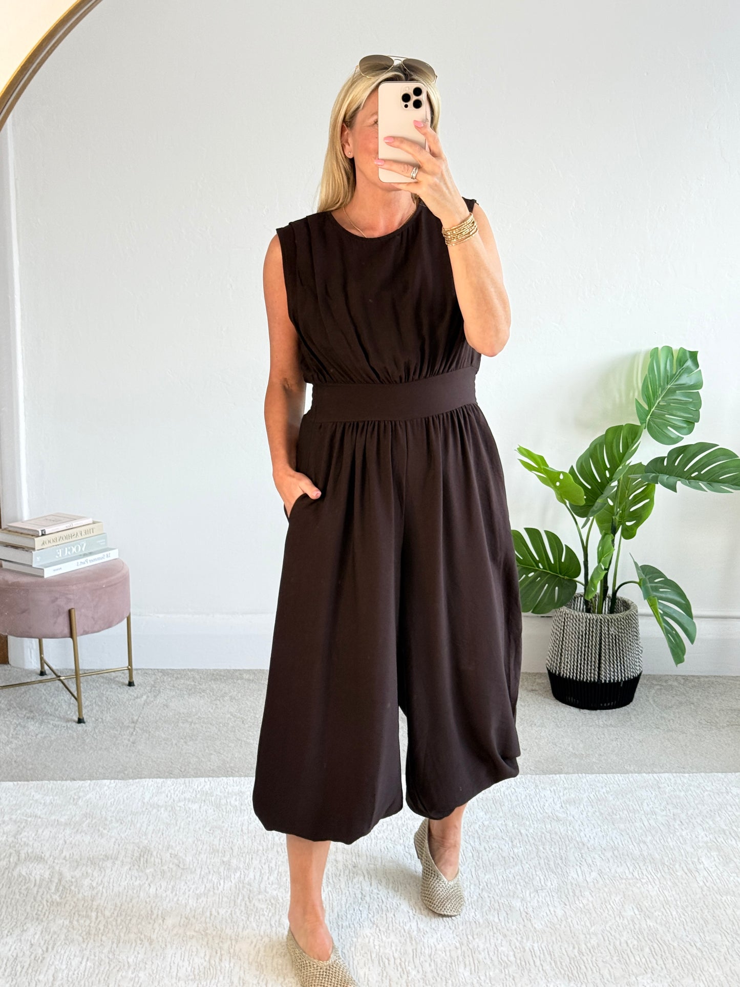 Chocolate Elasticated Sleeveless Harem Jumpsuit