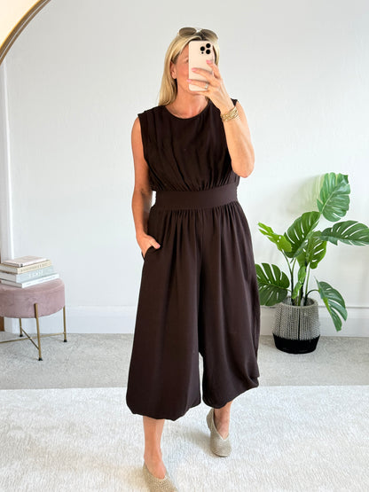 Chocolate Elasticated Sleeveless Harem Jumpsuit