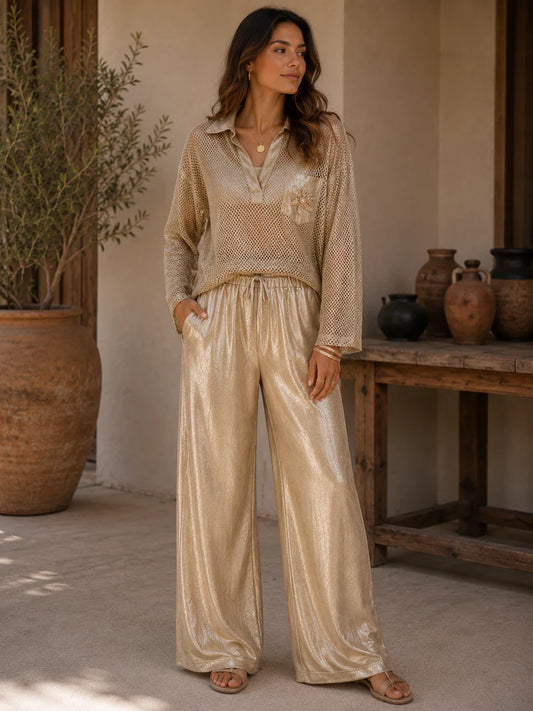 Gold Metallic Wide Leg Trousers