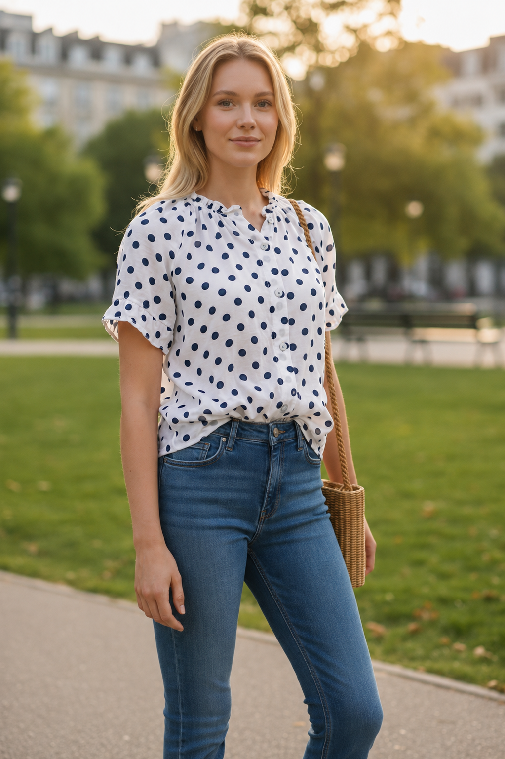 Royal Blue Polka Dot Frill Sleeve Blouse