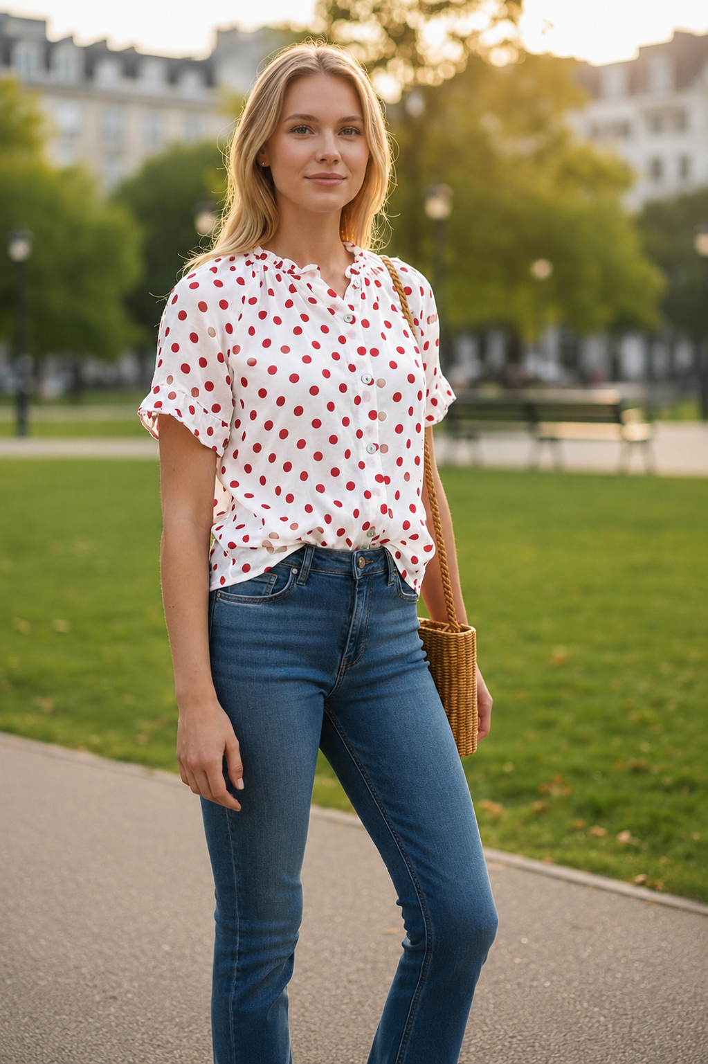 Royal Blue Polka Dot Frill Sleeve Blouse