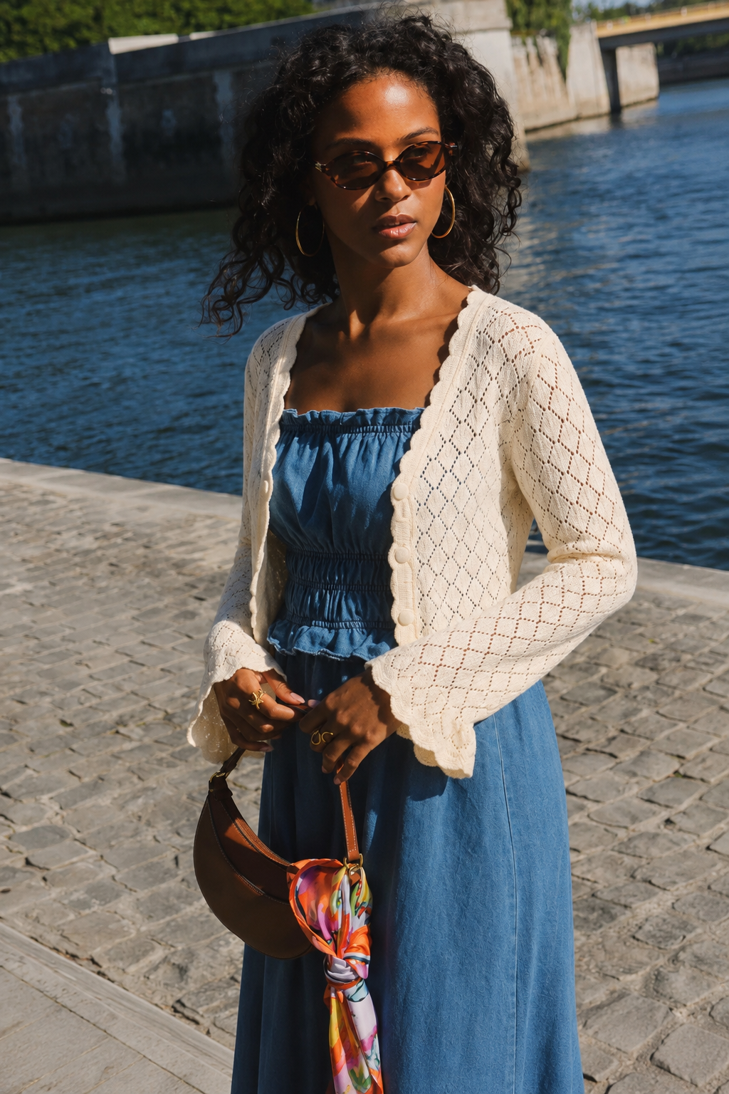 Blue Denim Tie Strap Shirred Dress